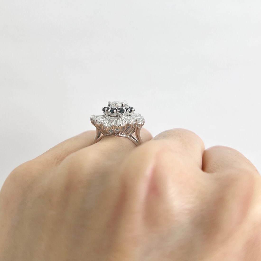 Pear Diamond Baguette Halo Blue Sapphire Cocktail Ring, Platinum, 3.84 CTW - 7