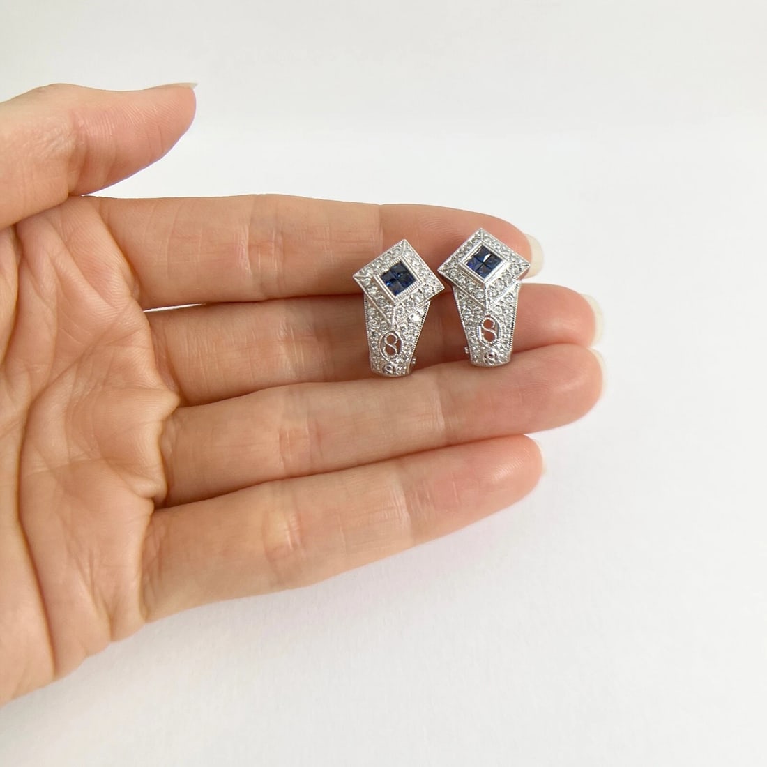 Sapphire Diamond Filigree Drop Earrings 18K White Gold, .75 CTW - 3