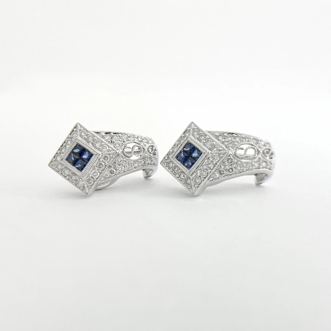 Sapphire Diamond Filigree Drop Earrings 18K White Gold, .75 CTW - 6