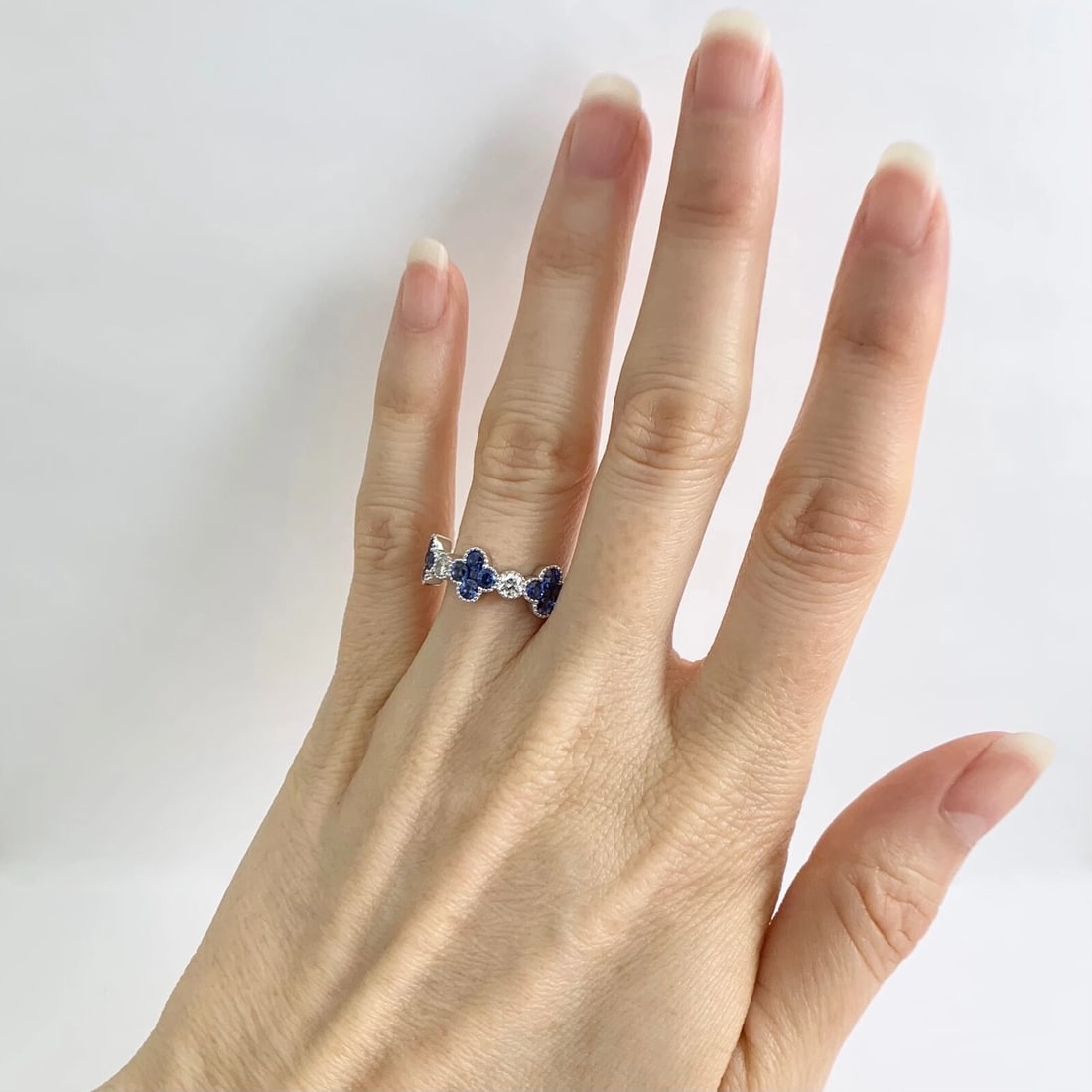 Cluster Blue Sapphire Clover Diamond Gemstone Band Ring 14K White Gold, 1.50 CTW - 6