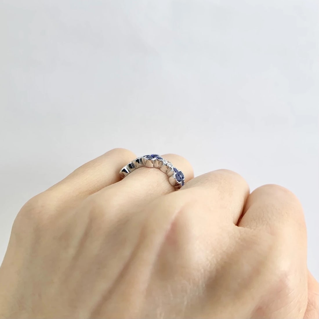 Cluster Blue Sapphire Clover Diamond Gemstone Band Ring 14K White Gold, 1.50 CTW - 7