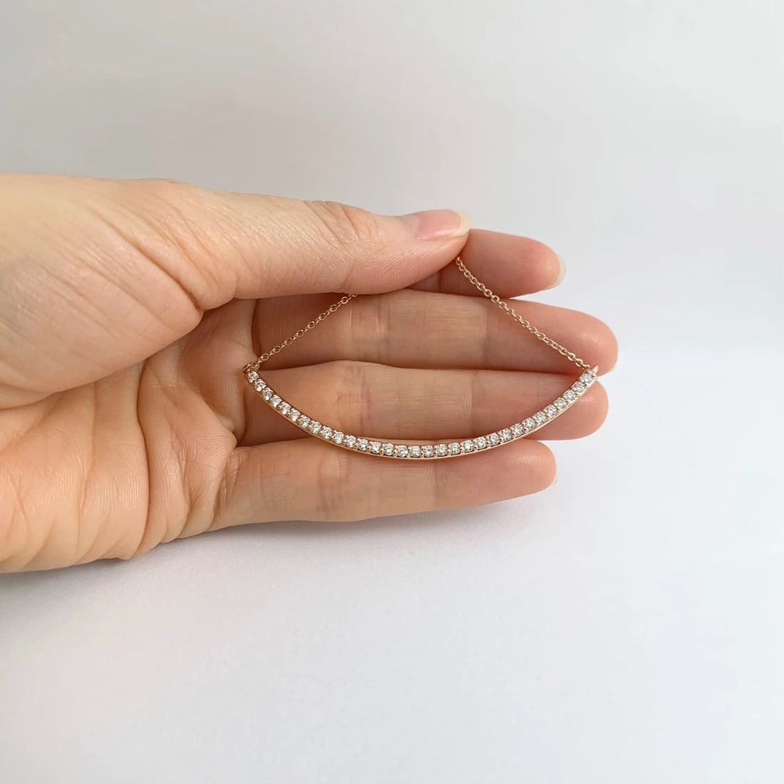 Large Curved Diamond Bar Smile Pendant Necklace 14K Rose Gold, 1.02 CTW - 4