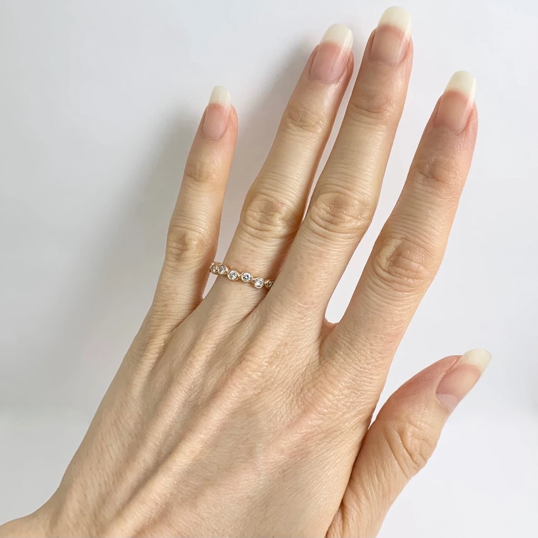 Round Bezel Diamond Eternity Ring Wedding Band 14K Pink Rose Gold, Size 6.75 - 5