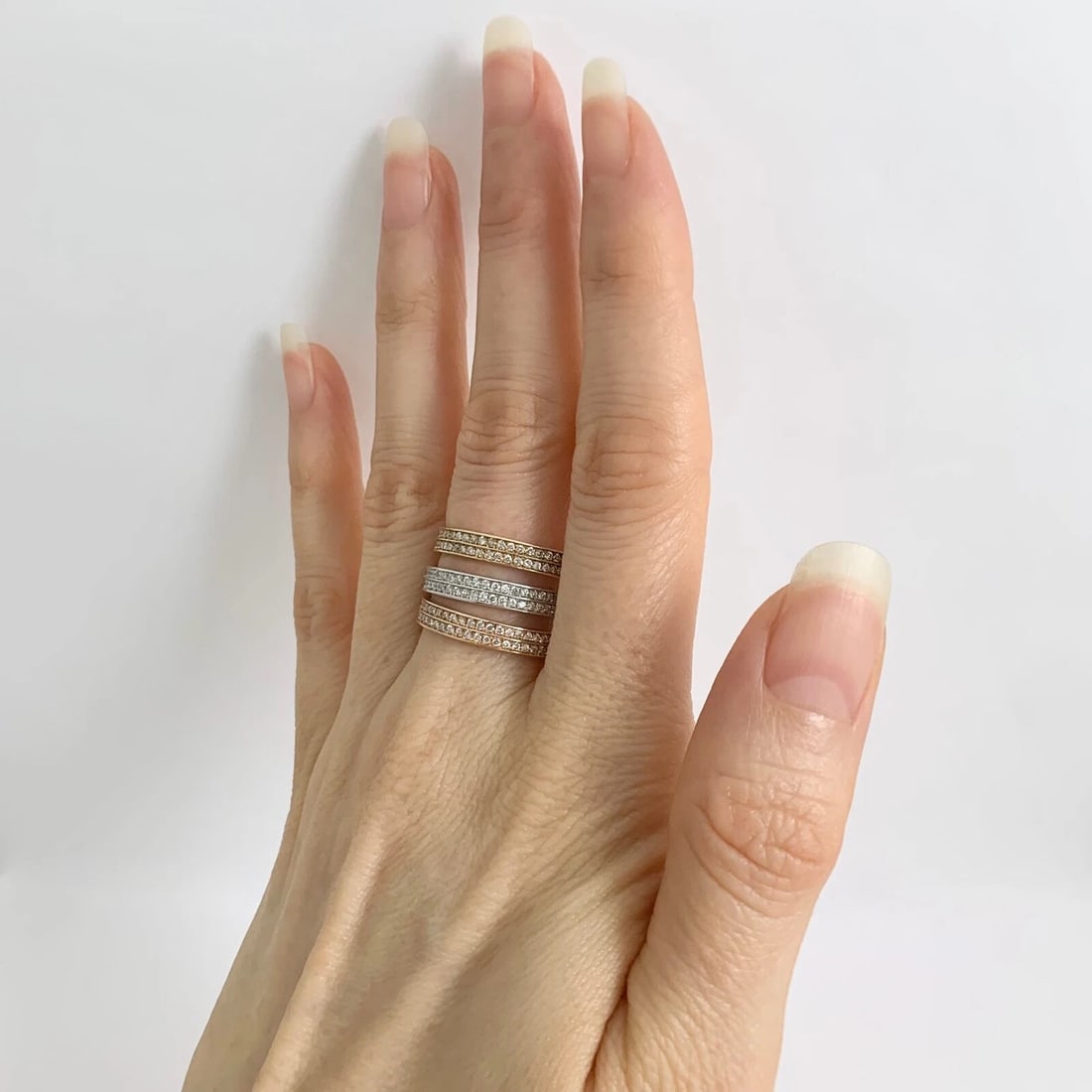 Wide Tri-Color Stacked Diamond Ring Set 14K Yellow White Pink Rose Gold, Size 7 - 4