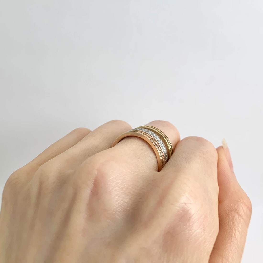 Wide Tri-Color Stacked Diamond Ring Set 14K Yellow White Pink Rose Gold, Size 7 - 6