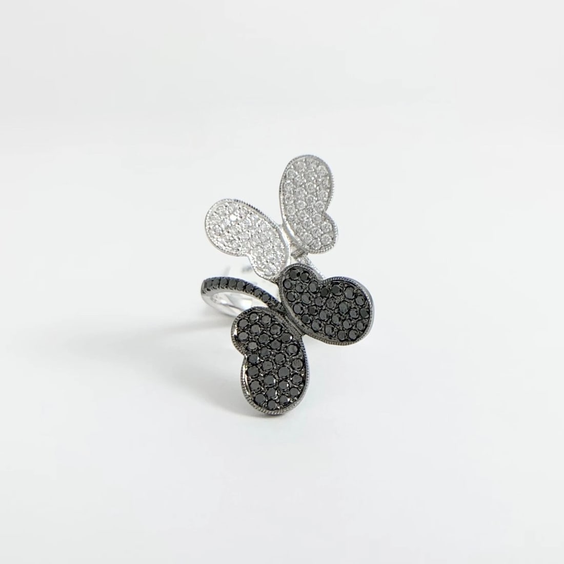 Black and White Pave Diamond Butterfly Statement Ring 18K White Gold, 1.15 CTW - 7