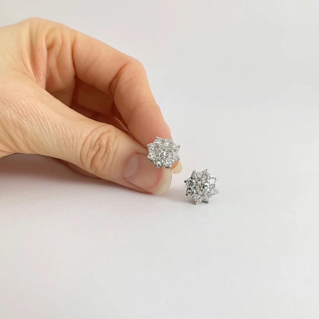 Round Princess Diana Set Diamond Cluster Stud Earrings 14K White Gold 2.14 CTW - 4