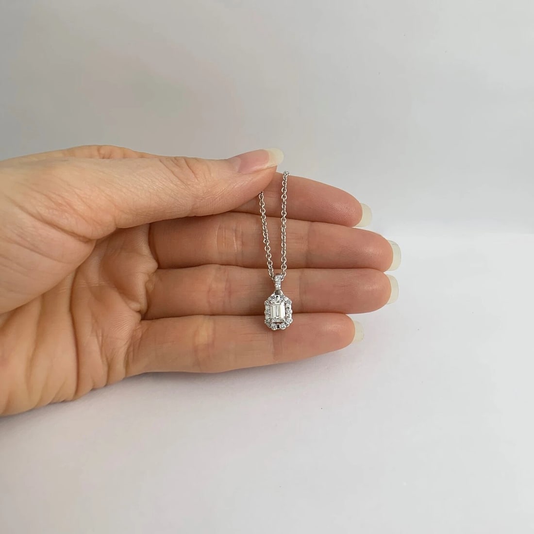 Emerald Cut Diamond Halo Pendant Necklace 14K White Gold, .72 CTW - 4