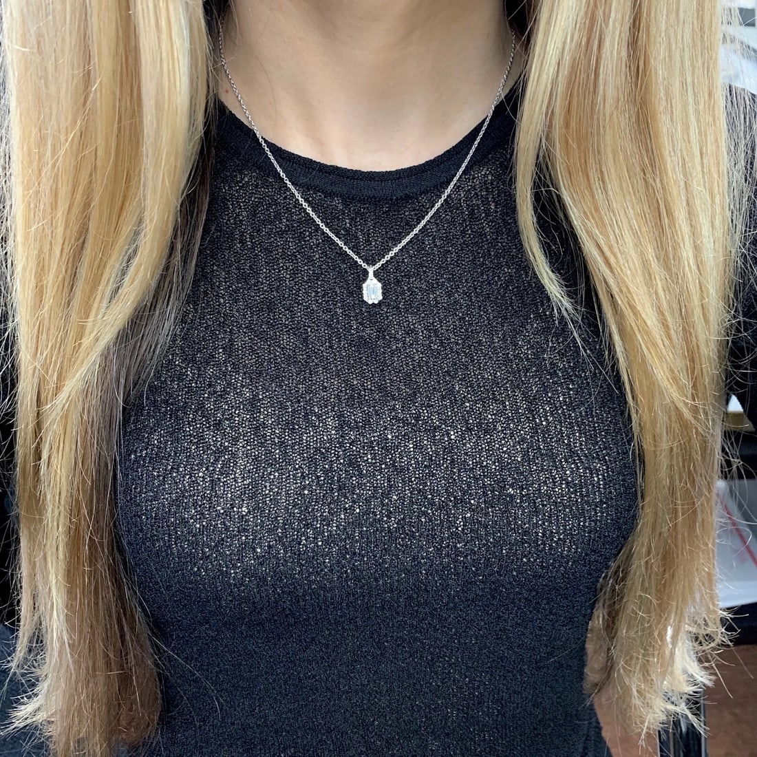 Emerald Cut Diamond Halo Pendant Necklace 14K White Gold, .72 CTW - 6