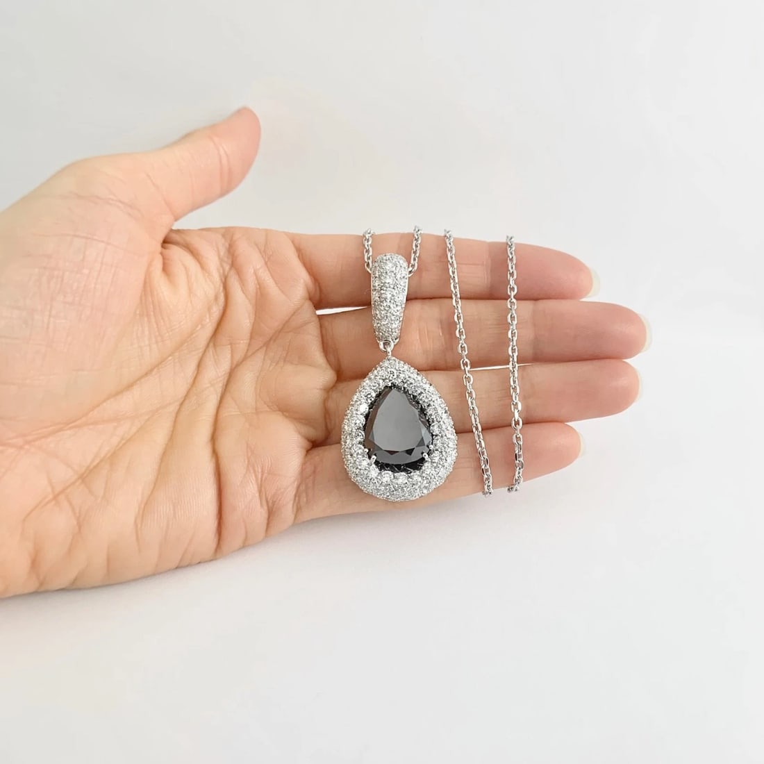 Black White Diamond Halo Teardrop Pendant Necklace 18K White Gold, 16.30 CTW - 3