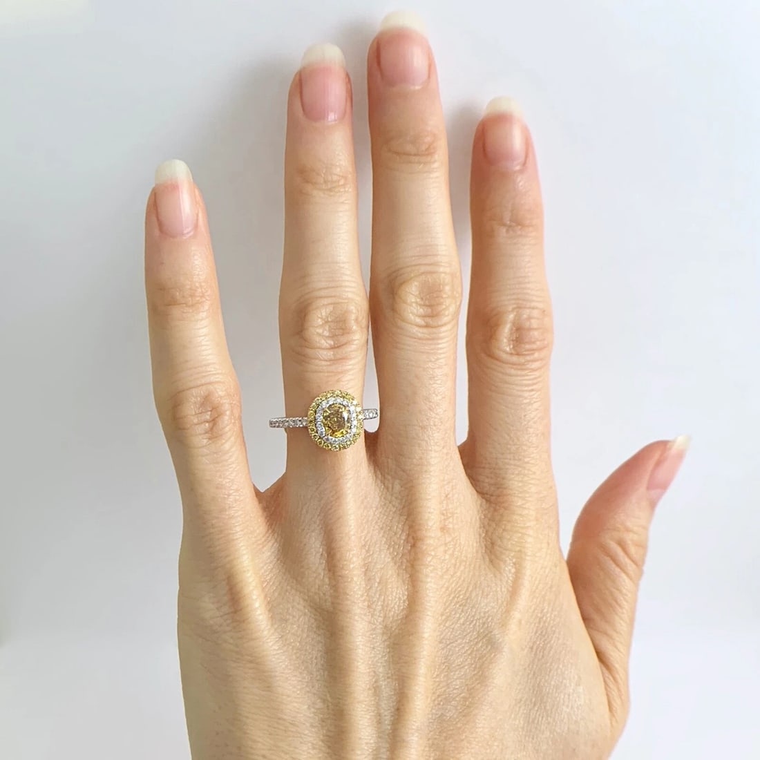 Fancy Yellow Cushion Diamond Double Oval Halo Ring 18K White Gold 1.10 CTW - 3