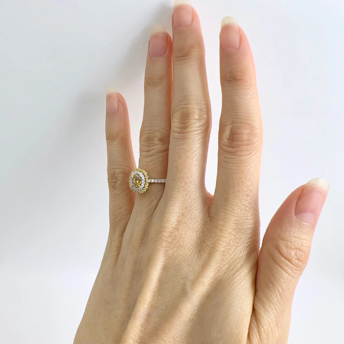 Fancy Yellow Cushion Diamond Double Oval Halo Ring 18K White Gold 1.10 CTW - 5