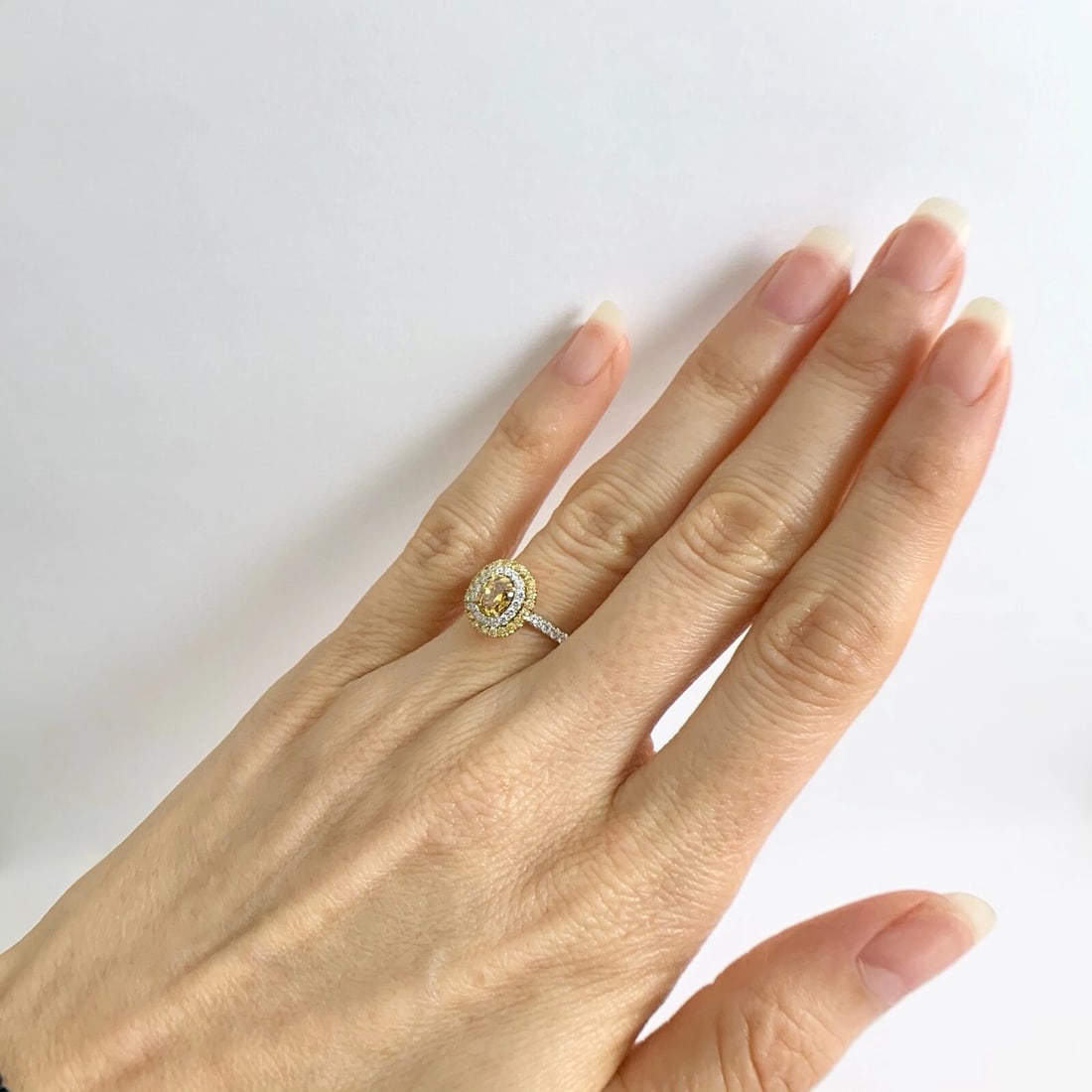 Fancy Yellow Cushion Diamond Double Oval Halo Ring 18K White Gold 1.10 CTW - 6