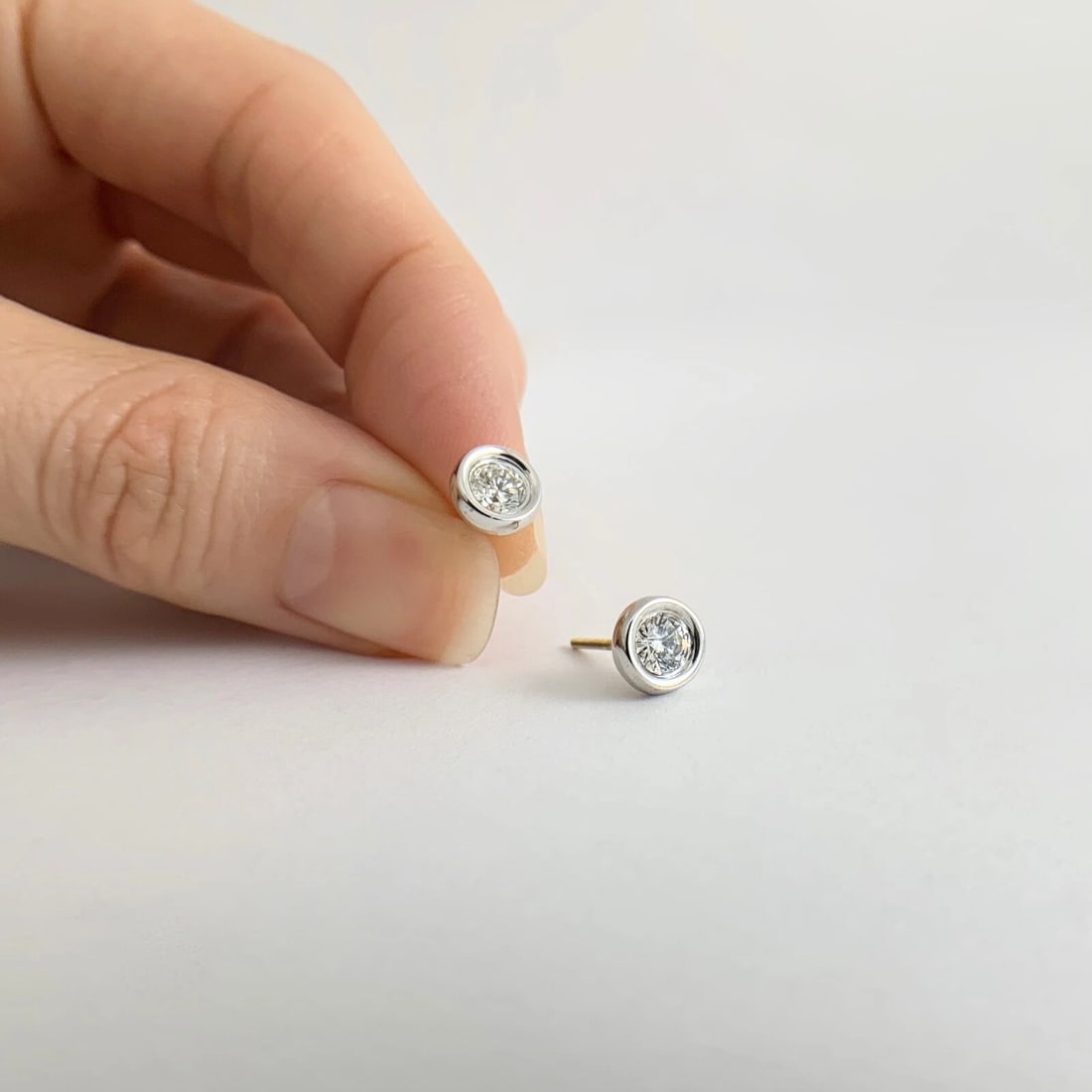 Round Diamond Bezel Stud Earrings Two-Tone 14K White Yellow Gold .52 CTW, 1.23 G - 4