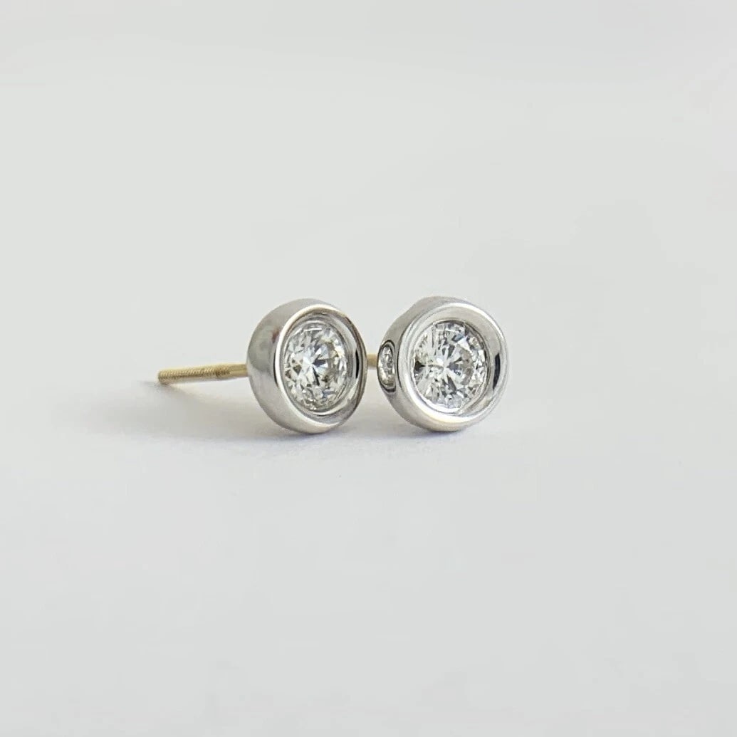 Round Diamond Bezel Stud Earrings Two-Tone 14K White Yellow Gold .52 CTW, 1.23 G - 6