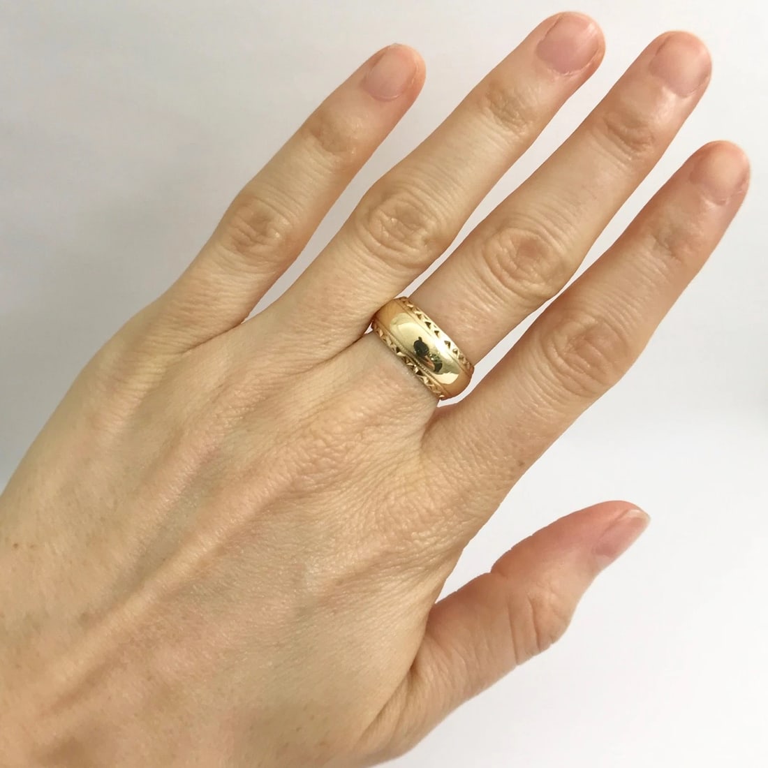 Wide Ornate Crimped Edge Band Ring in 14K Yellow Gold, Size 5.5, 8 mm, 6.8 Grams - 5