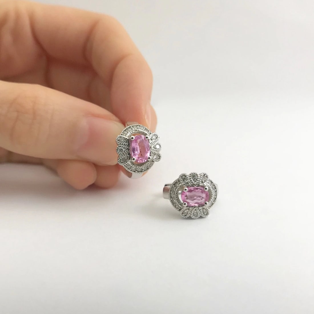 Oval Pink Sapphire Diamond Halo Gemstone Huggie Earrings 14K White Gold 1.26 CTW - 3