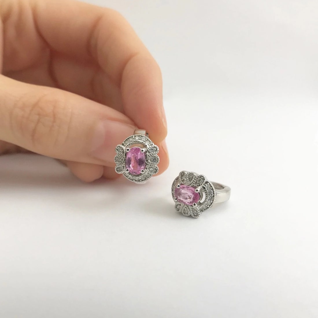 Oval Pink Sapphire Diamond Halo Gemstone Huggie Earrings 14K White Gold 1.26 CTW - 4