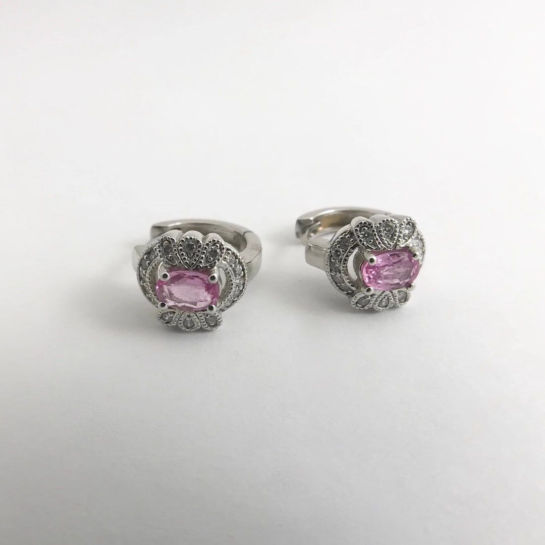Oval Pink Sapphire Diamond Halo Gemstone Huggie Earrings 14K White Gold 1.26 CTW - 6
