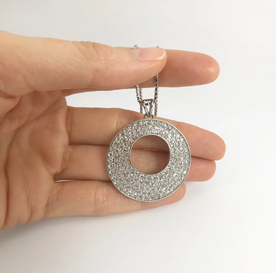 Italian Rose Cut Diamond Open Circle Pendant Necklace 18K White Gold, 3.06 CTW - 4