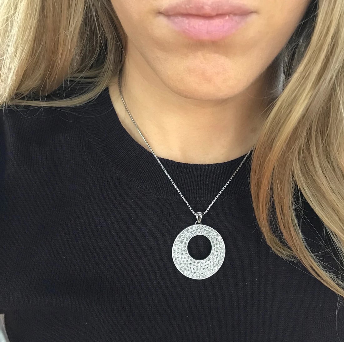 Italian Rose Cut Diamond Open Circle Pendant Necklace 18K White Gold, 3.06 CTW - 6