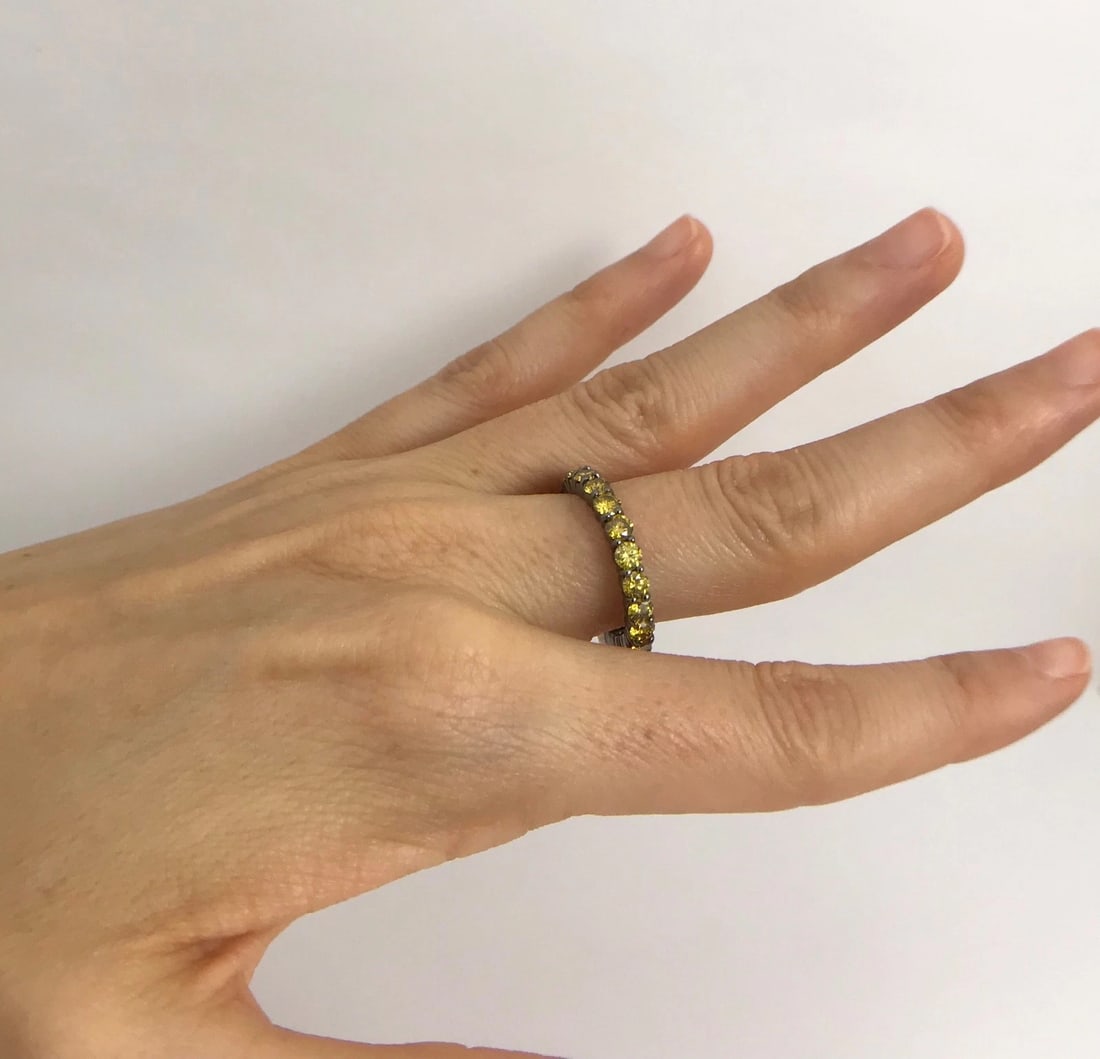 Yellow Diamond Eternity Band Ring 18K Black White Gold, 2.50 CTW, Size 6.75 - 6