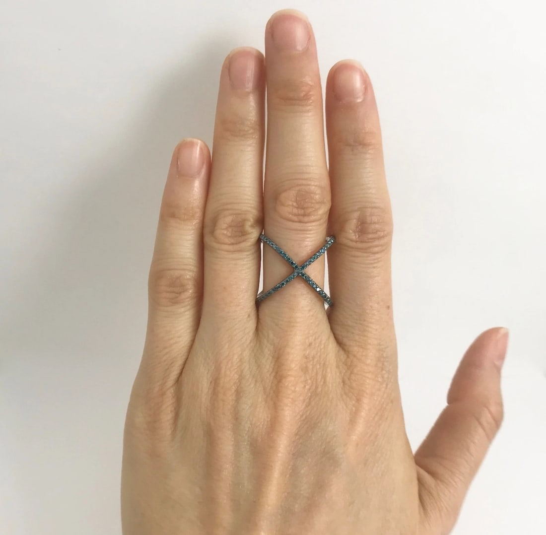 Blue Diamond X Crisscross Statement Ring in Black 14K White Gold, 3.23 Grams - 3