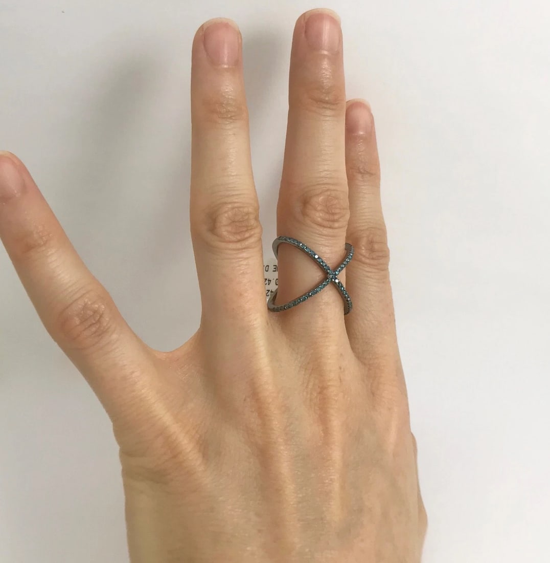 Blue Diamond X Crisscross Statement Ring in Black 14K White Gold, 3.23 Grams - 5