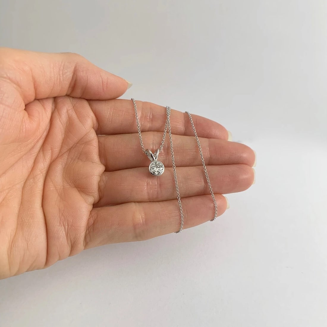 Round Diamond Solitaire Bezel Pendant Necklace 14K White Gold, .60 CT, 2.20 Gram - 4