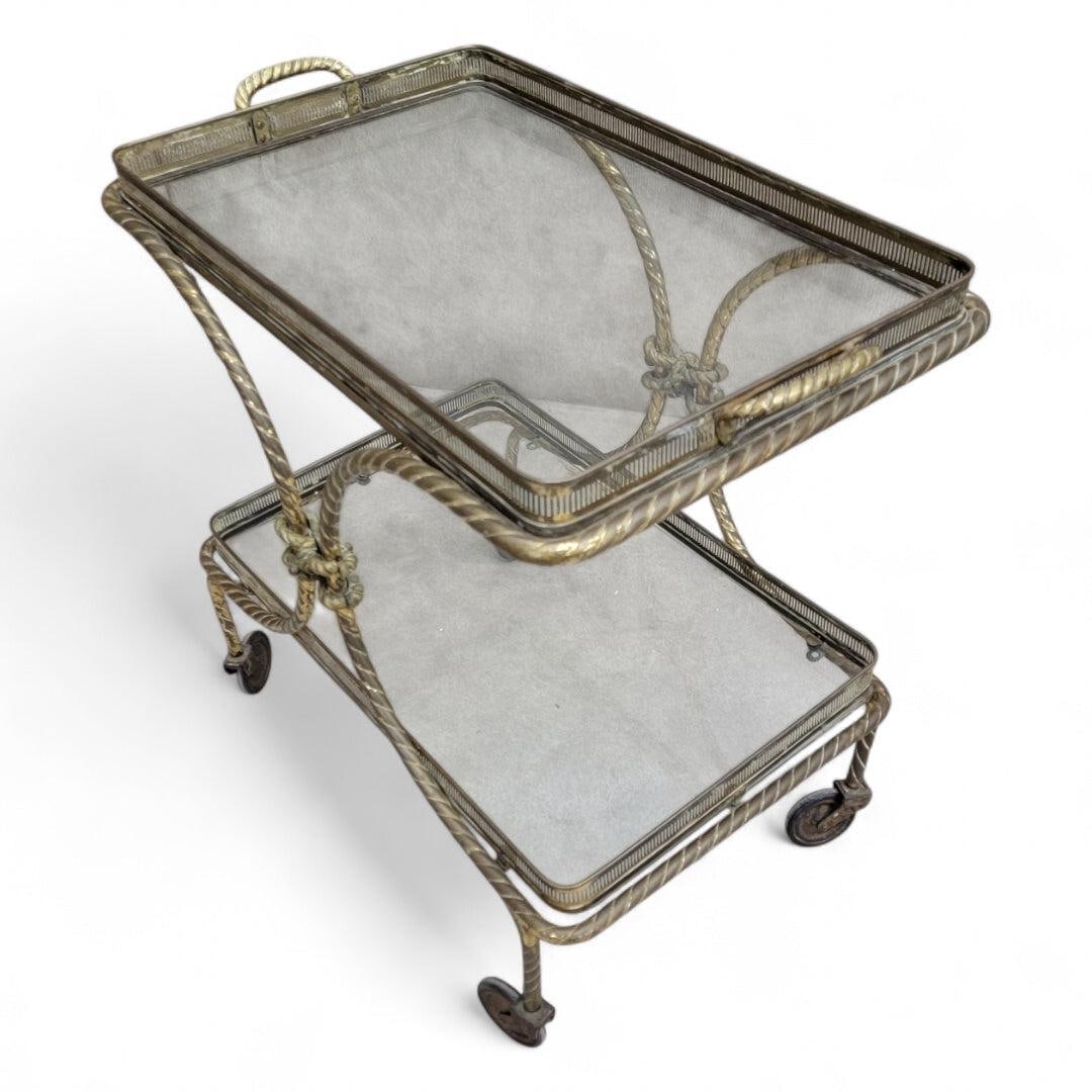 Mid Century French Bagues Style Brass Rope Bar Cart - 2