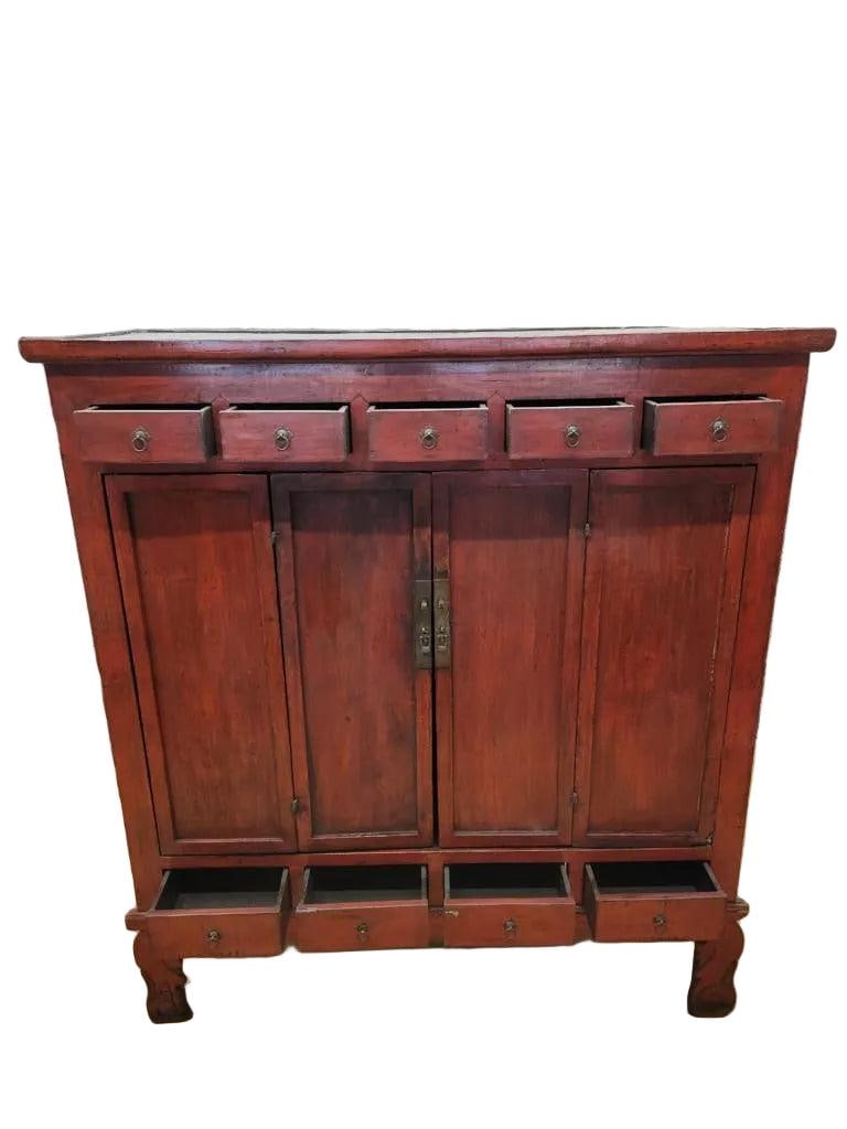 Antique Shanxi Province Red Lacquered Elm Cabinet - 4