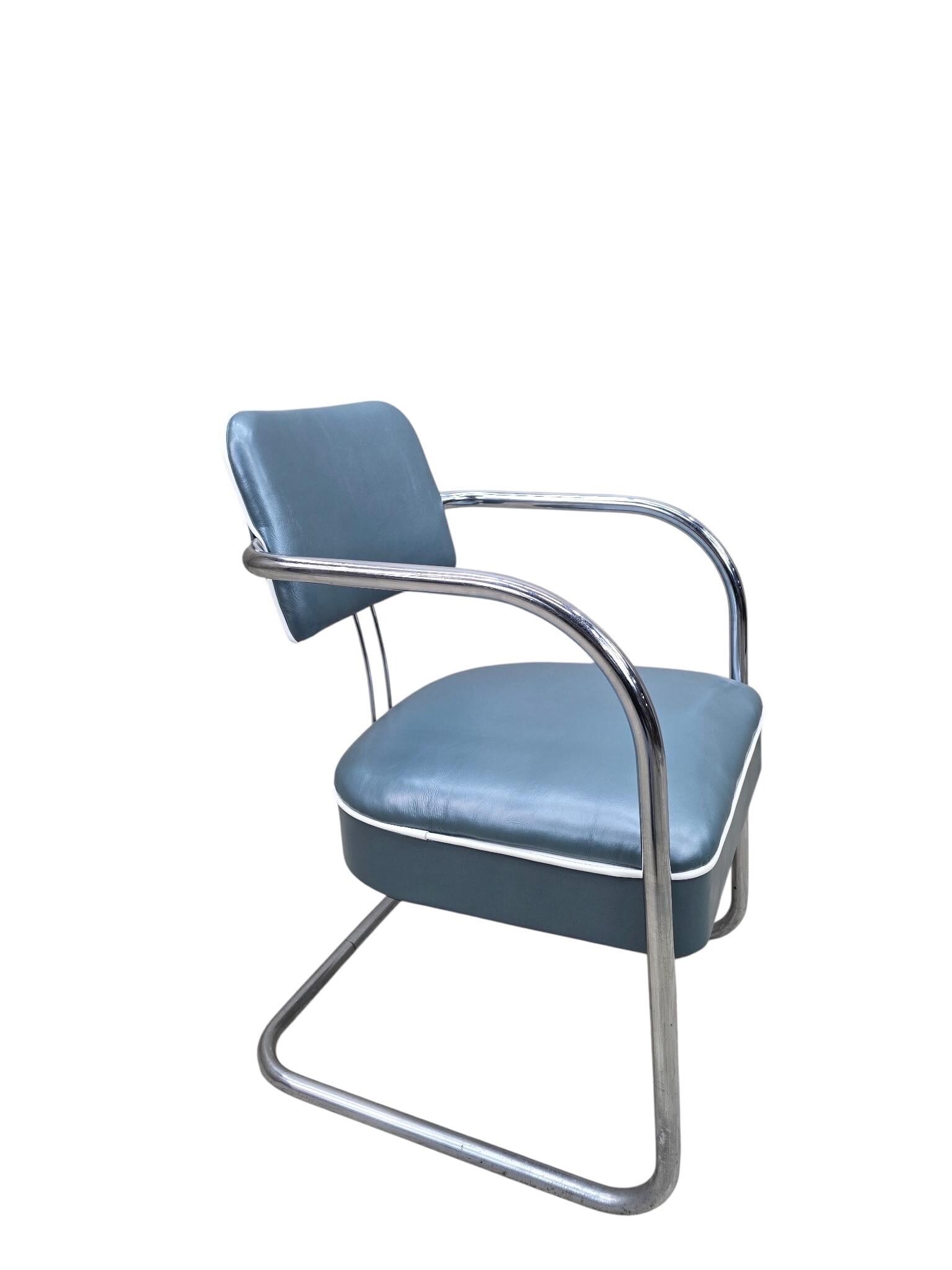 Art Deco Cantilever Chairs Attributed to Kem Weber Newly Upholstered in Holly Hunt Teal Metallic - 10