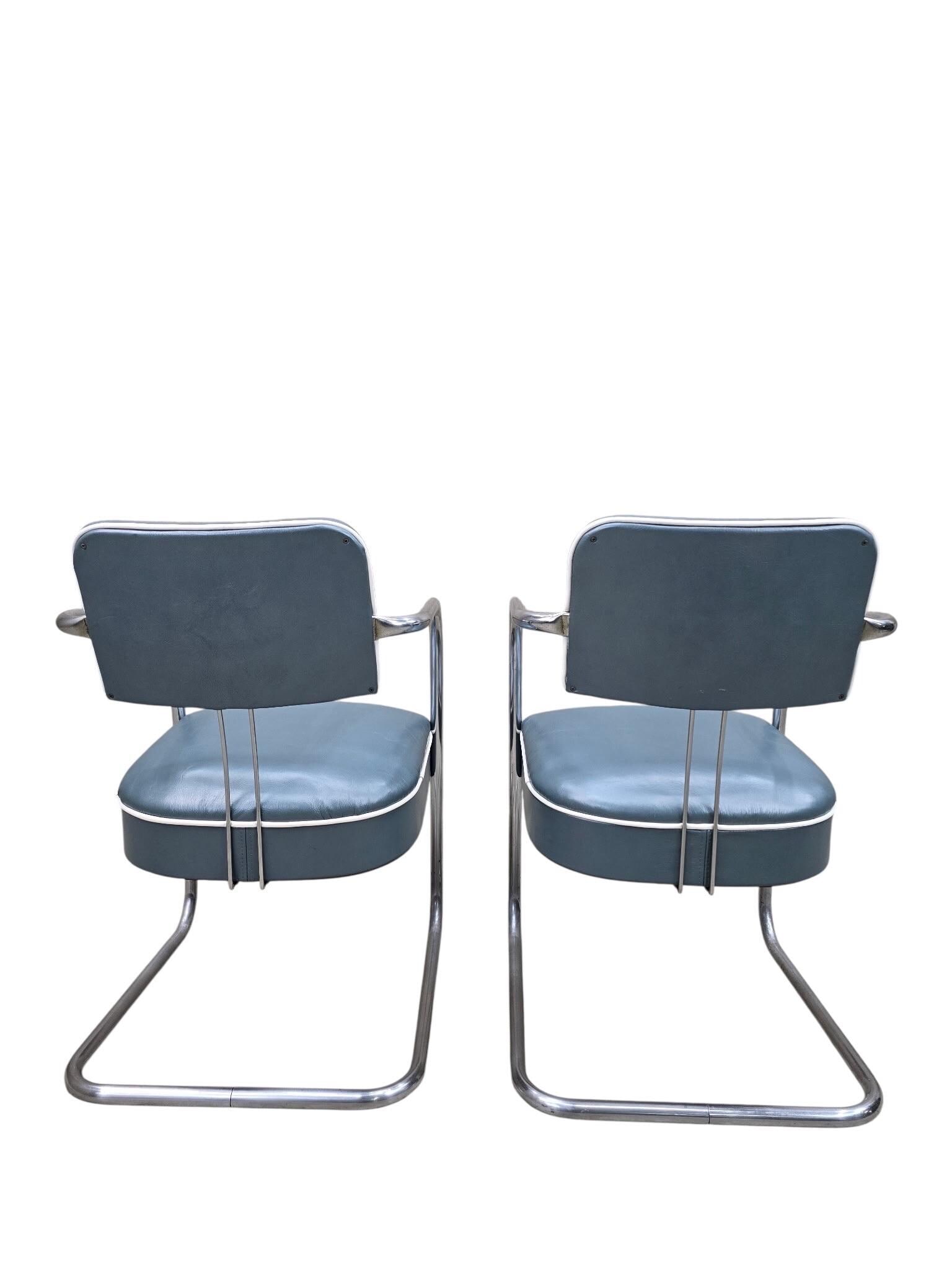 Art Deco Cantilever Chairs Attributed to Kem Weber Newly Upholstered in Holly Hunt Teal Metallic - 2