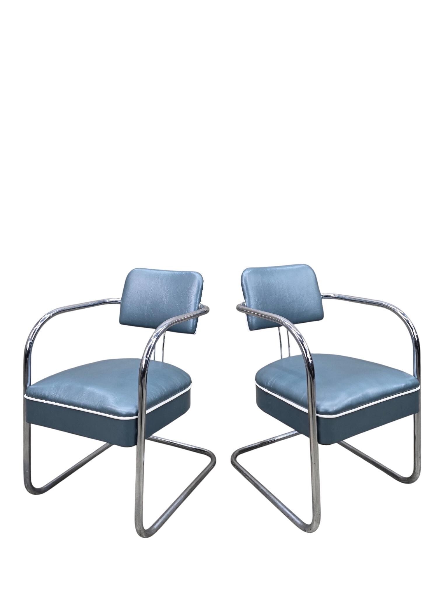 Art Deco Cantilever Chairs Attributed to Kem Weber Newly Upholstered in Holly Hunt Teal Metallic - 4