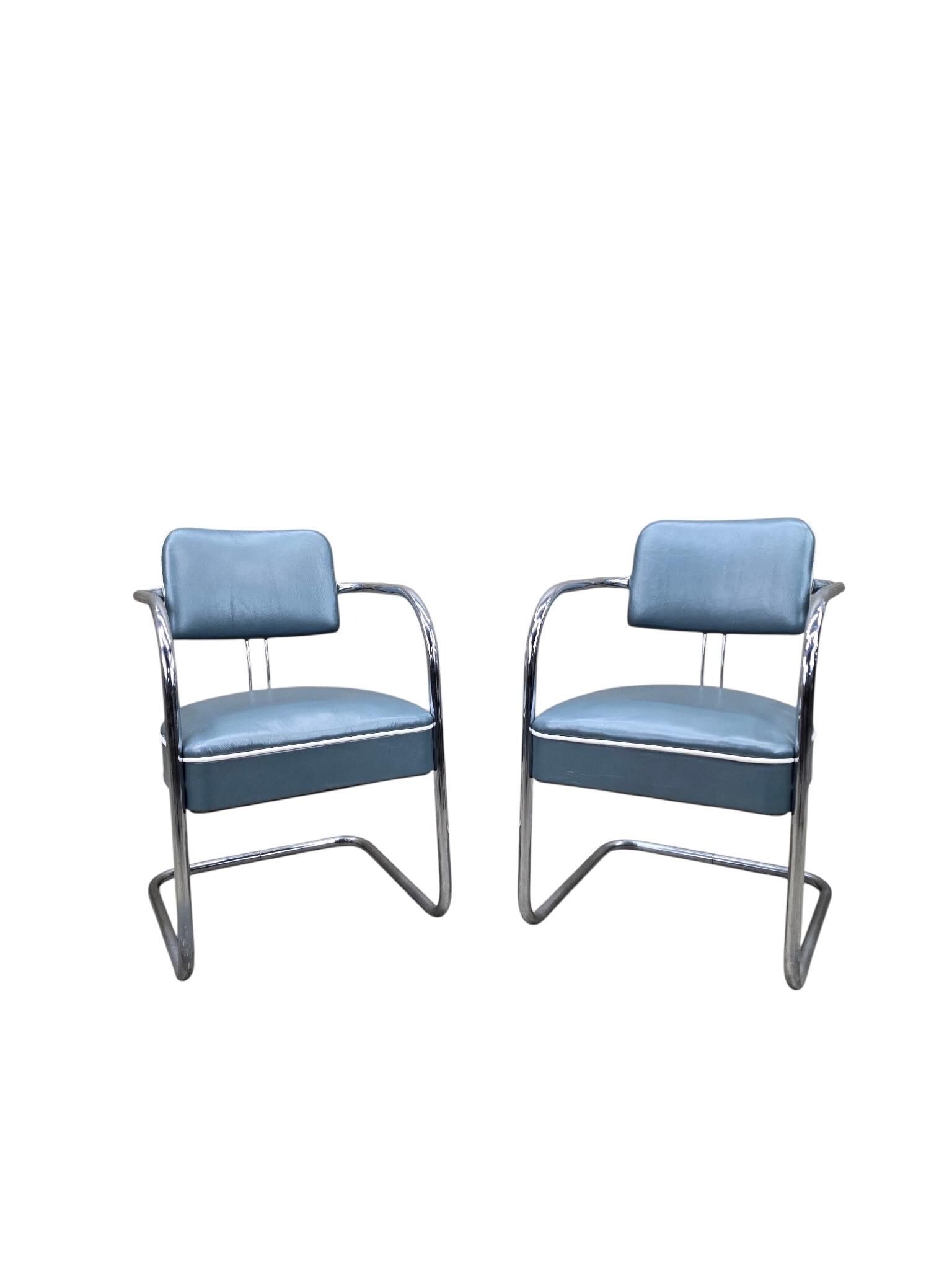 Art Deco Cantilever Chairs Attributed to Kem Weber Newly Upholstered in Holly Hunt Teal Metallic - 5