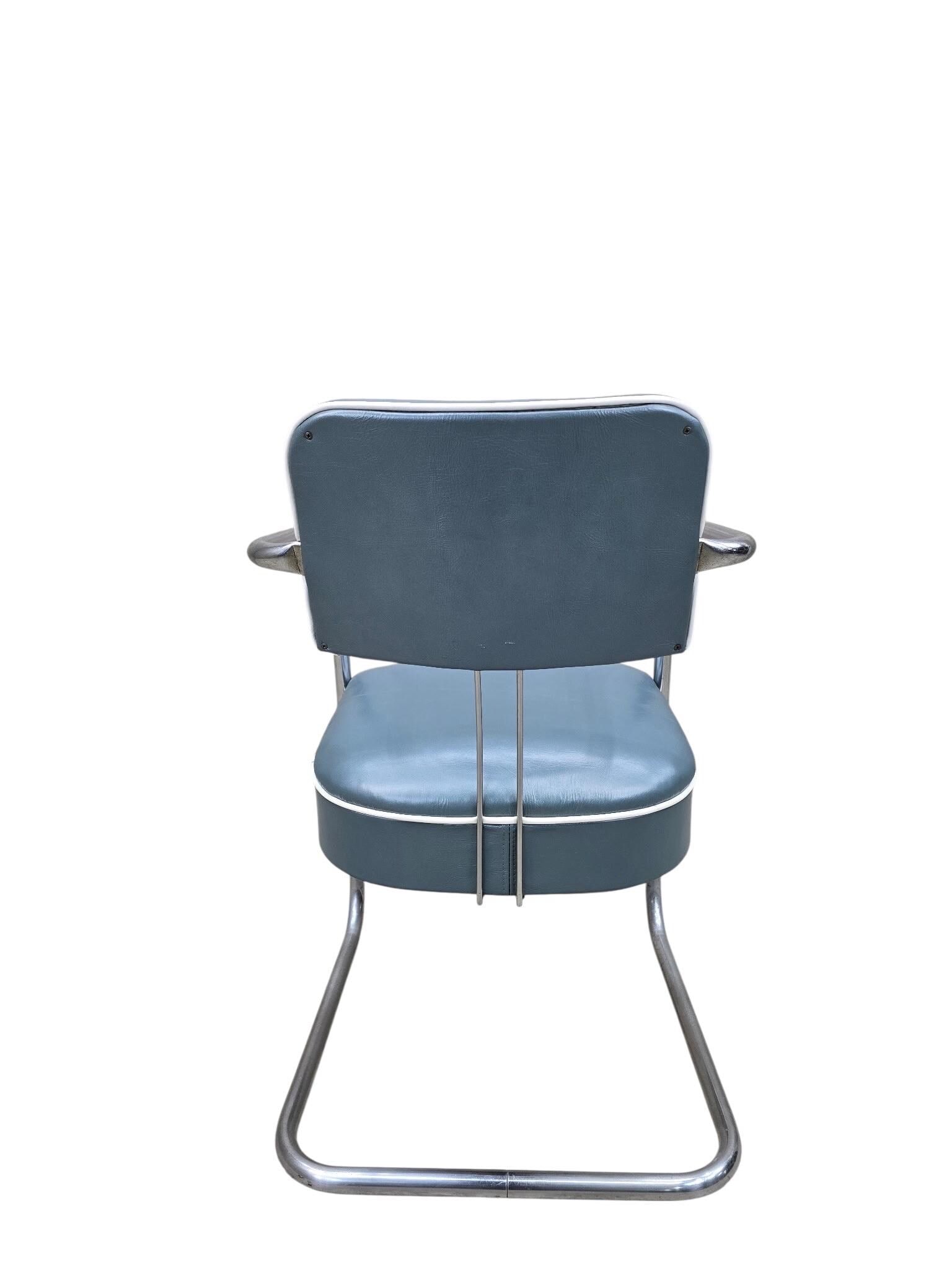 Art Deco Cantilever Chairs Attributed to Kem Weber Newly Upholstered in Holly Hunt Teal Metallic - 6