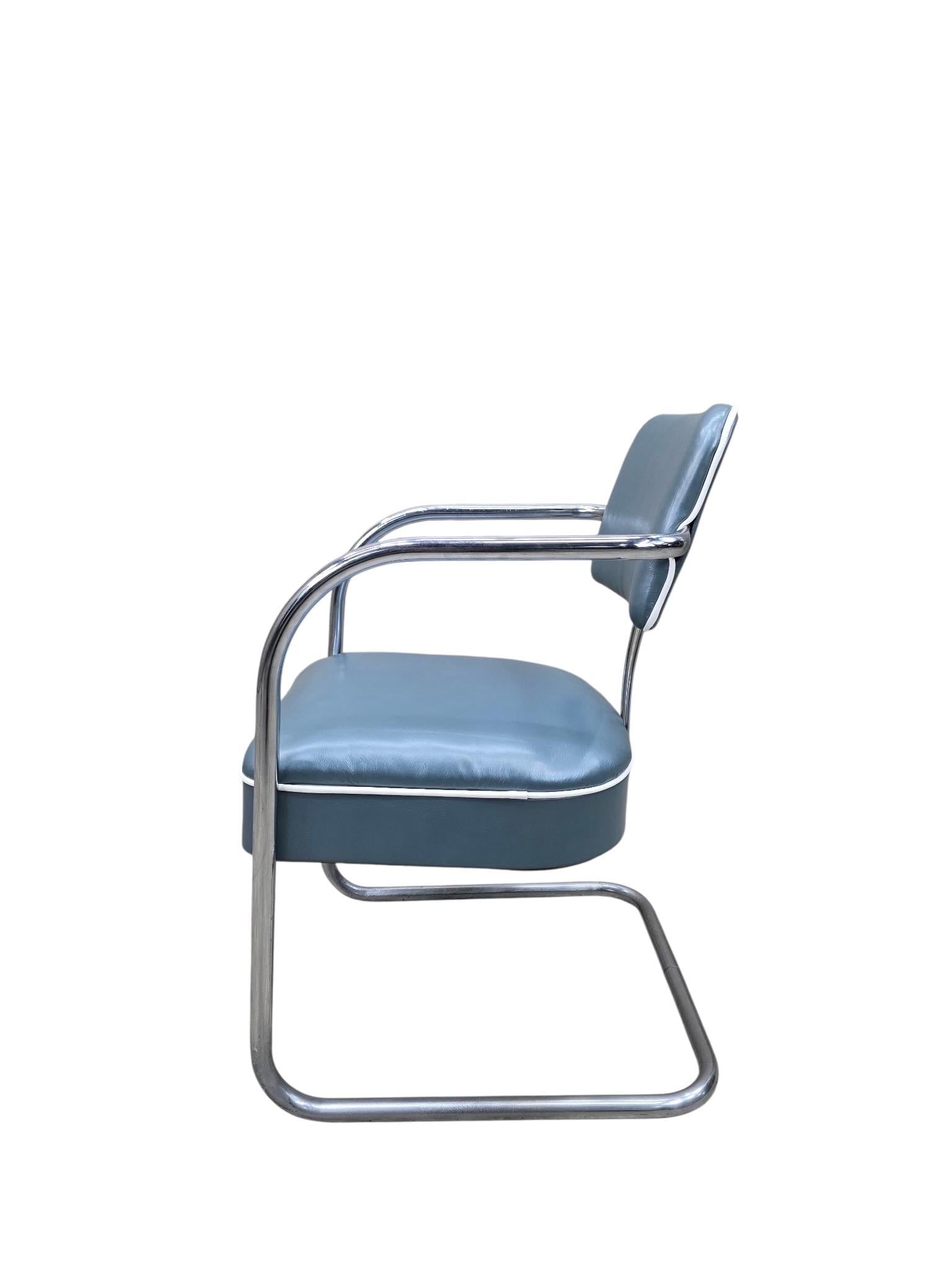 Art Deco Cantilever Chairs Attributed to Kem Weber Newly Upholstered in Holly Hunt Teal Metallic - 7