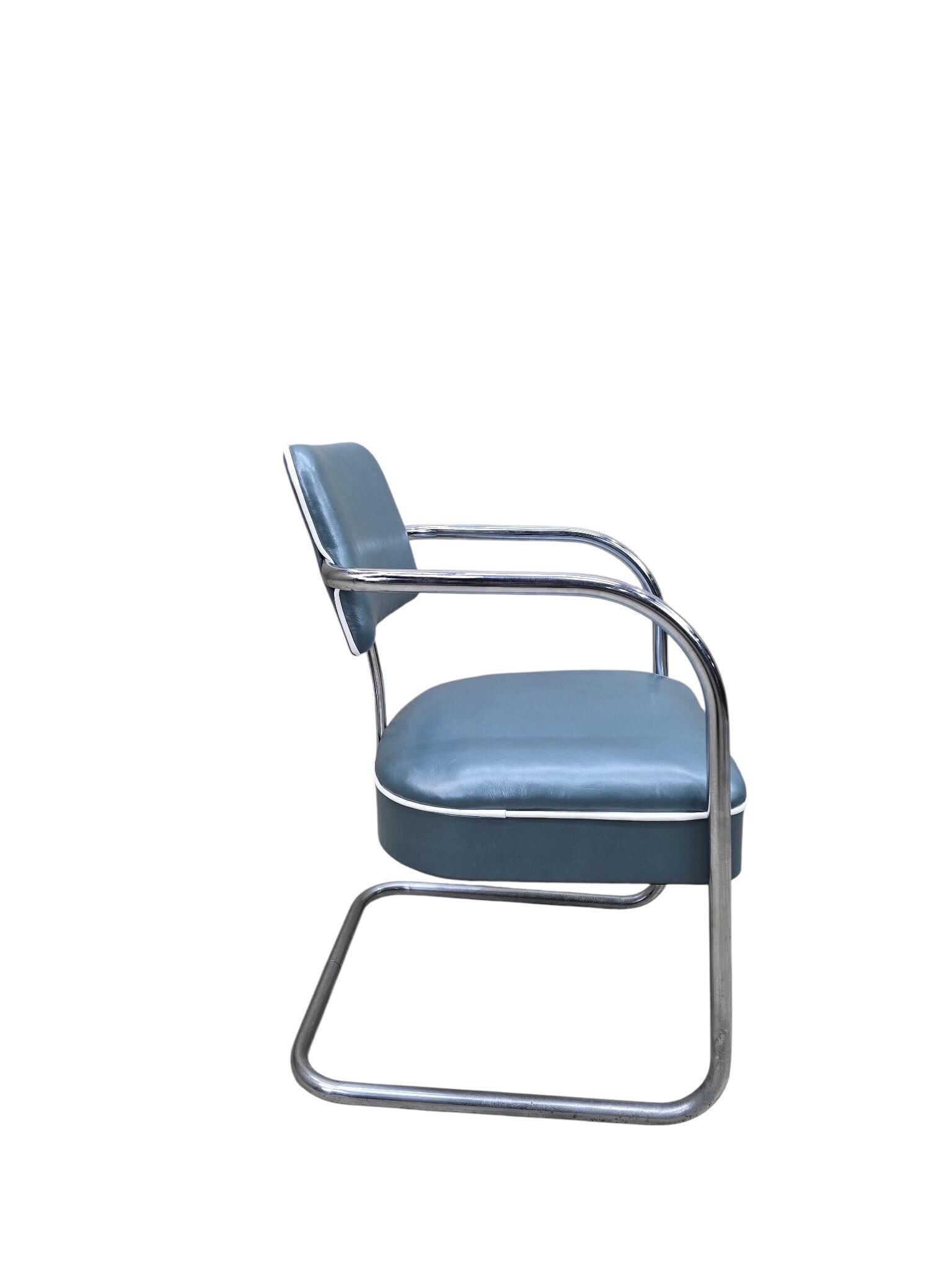 Art Deco Cantilever Chairs Attributed to Kem Weber Newly Upholstered in Holly Hunt Teal Metallic - 8