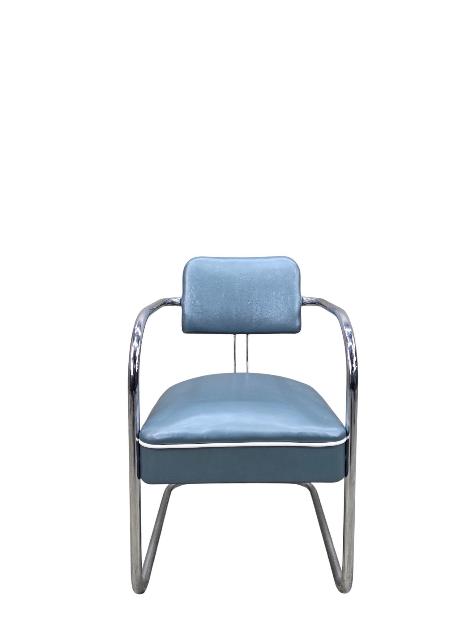 Art Deco Cantilever Chairs Attributed to Kem Weber Newly Upholstered in Holly Hunt Teal Metallic - 9