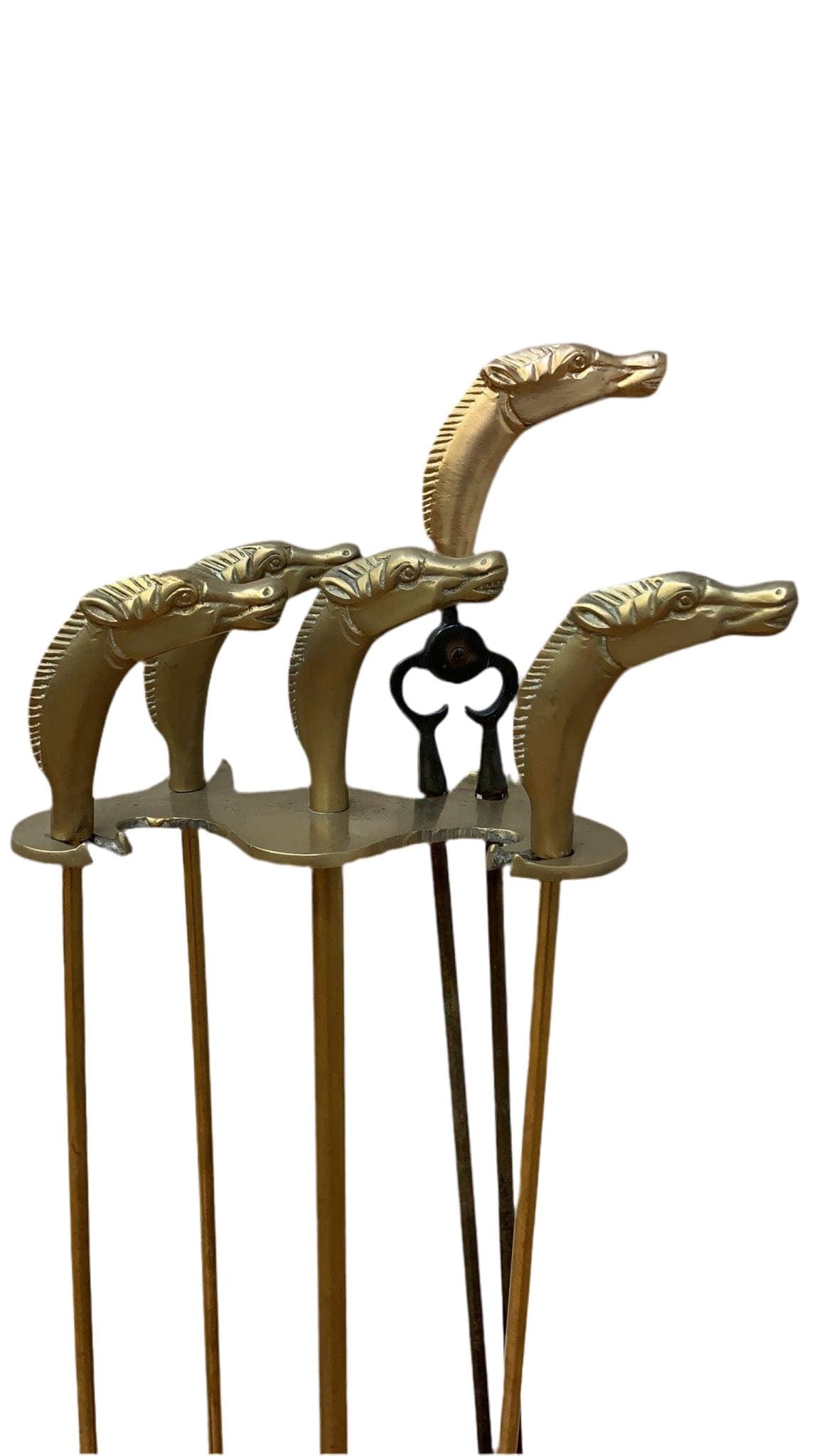 Vintage French Neoclassical Style Brass Horses Head Fireplace Tools - 5