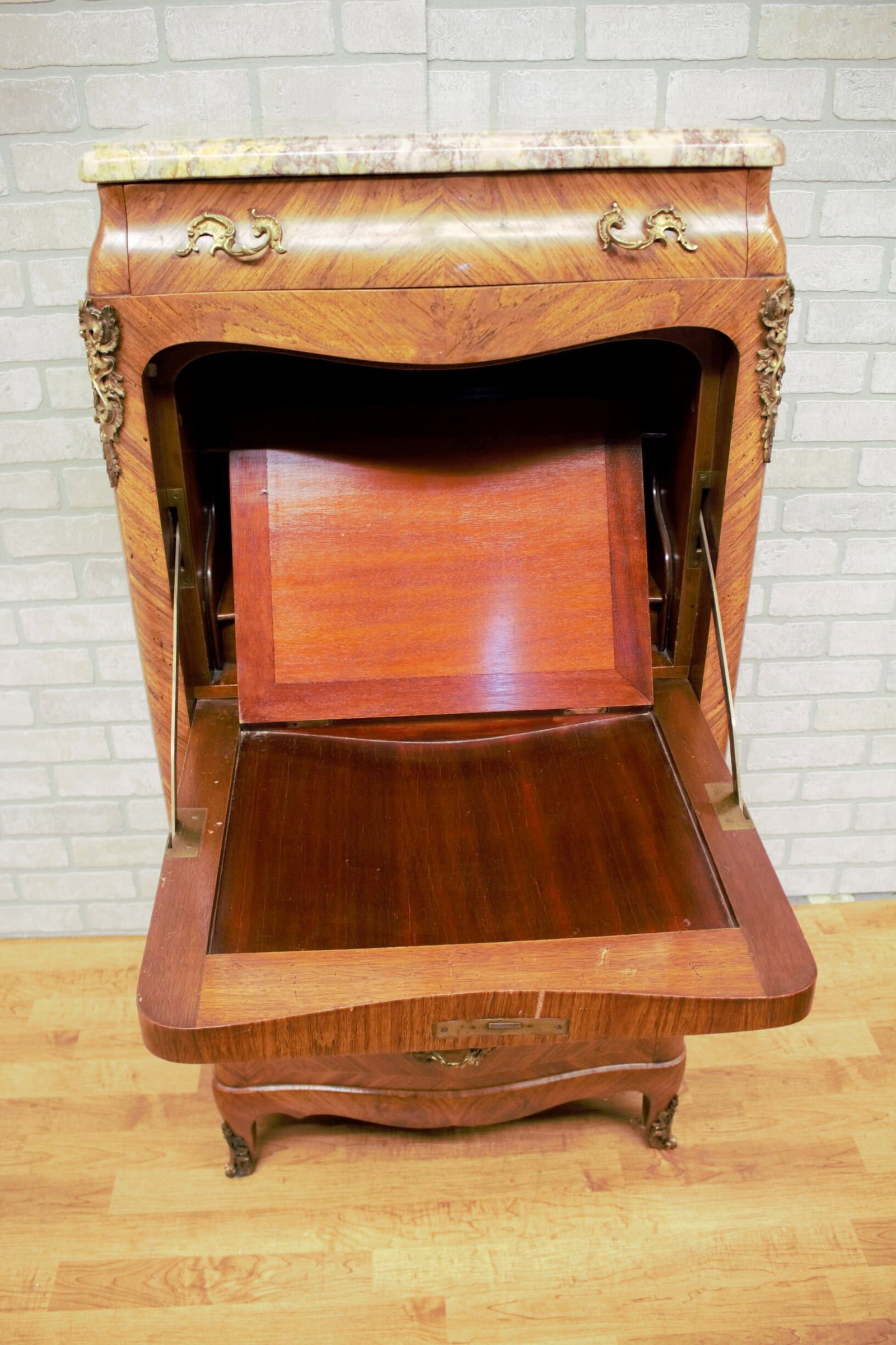Antique French Louis XV Style Marquetry Flip Down Secretary Writing Chest with Marble Top - 5