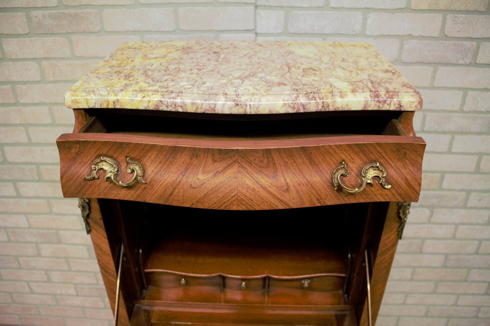 Antique French Louis XV Style Marquetry Flip Down Secretary Writing Chest with Marble Top - 7