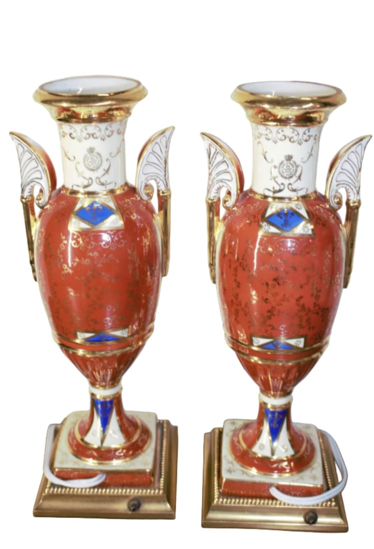 Antique French Sevres Style Hand Painted Porcelain and Brass Electrified Urns Table Lamps - Pair - 2