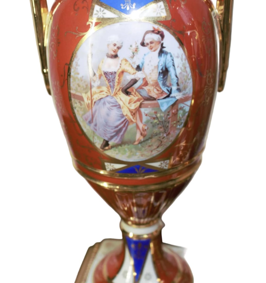 Antique French Sevres Style Hand Painted Porcelain and Brass Electrified Urns Table Lamps - Pair - 4