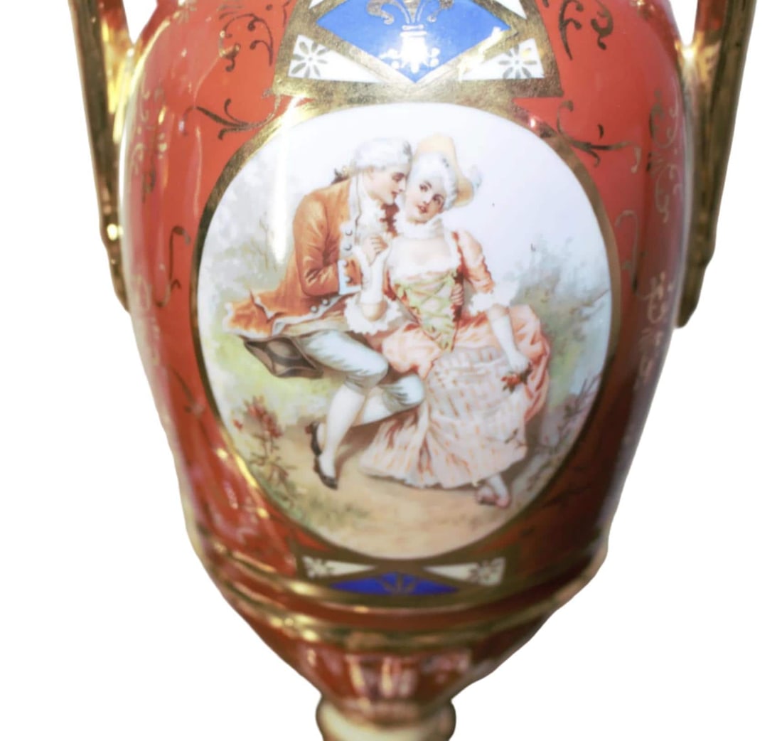 Antique French Sevres Style Hand Painted Porcelain and Brass Electrified Urns Table Lamps - Pair - 5