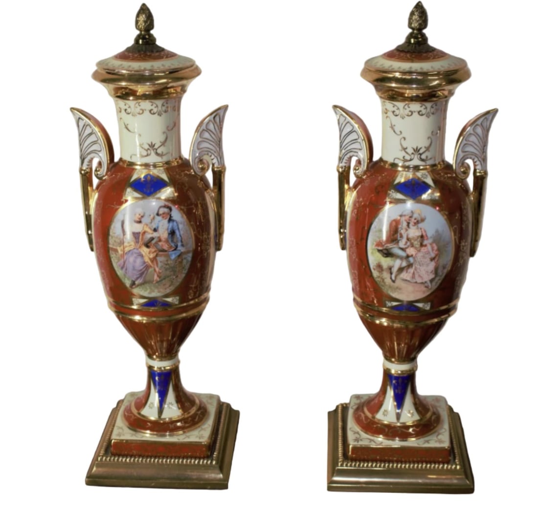 Antique French Sevres Style Hand Painted Porcelain and Brass Electrified Urns Table Lamps - Pair - 6