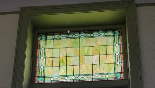 Antique Tiffany Style Salvaged Green Upper Transom Stained Glass Windows - Pair - 5