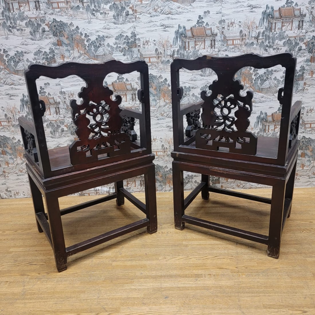 Antique Shanxi Province Carved Elm Wood Top Hat Seat - Pair - 2