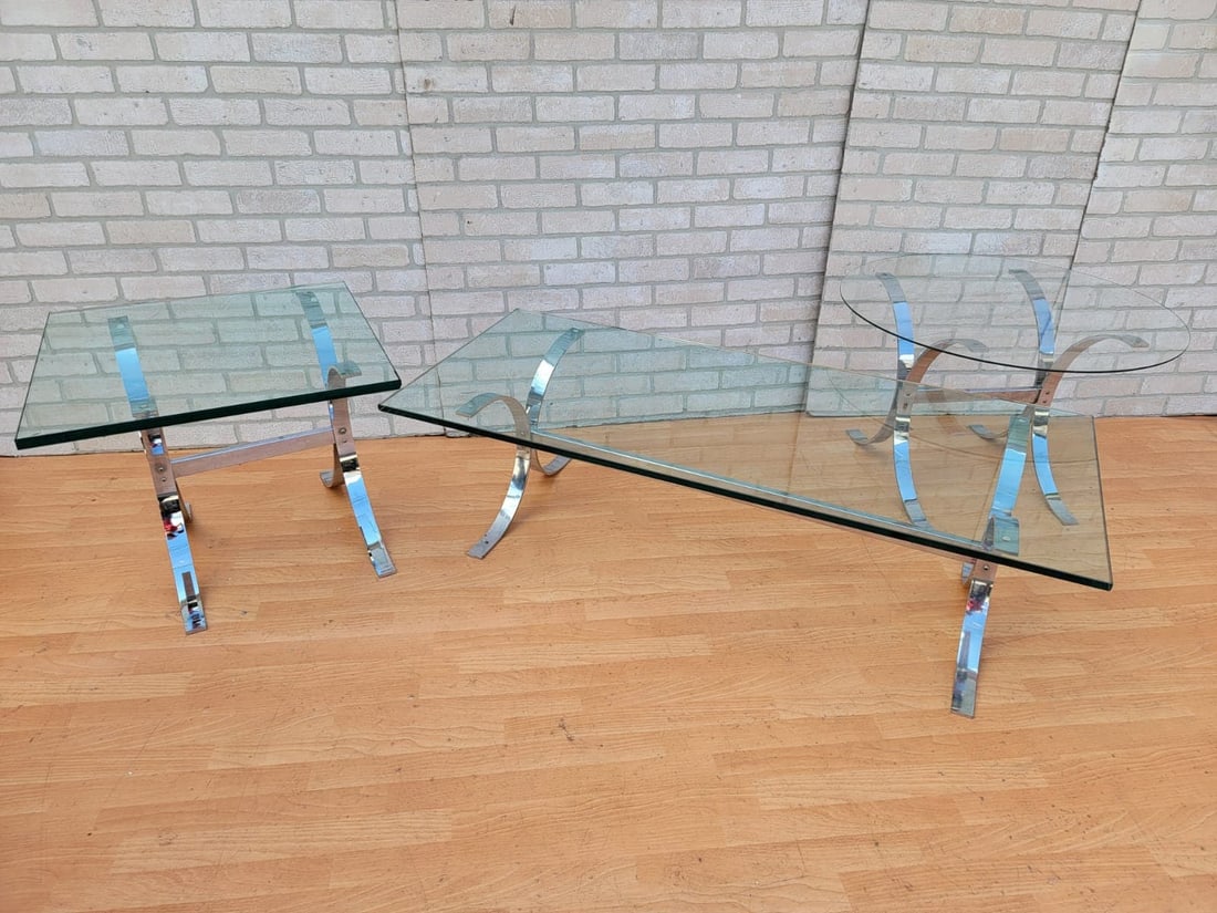Mid Century Modern Rectangular Chrome Coffee Table and Two Side Tables - 3 Piece Set - 2