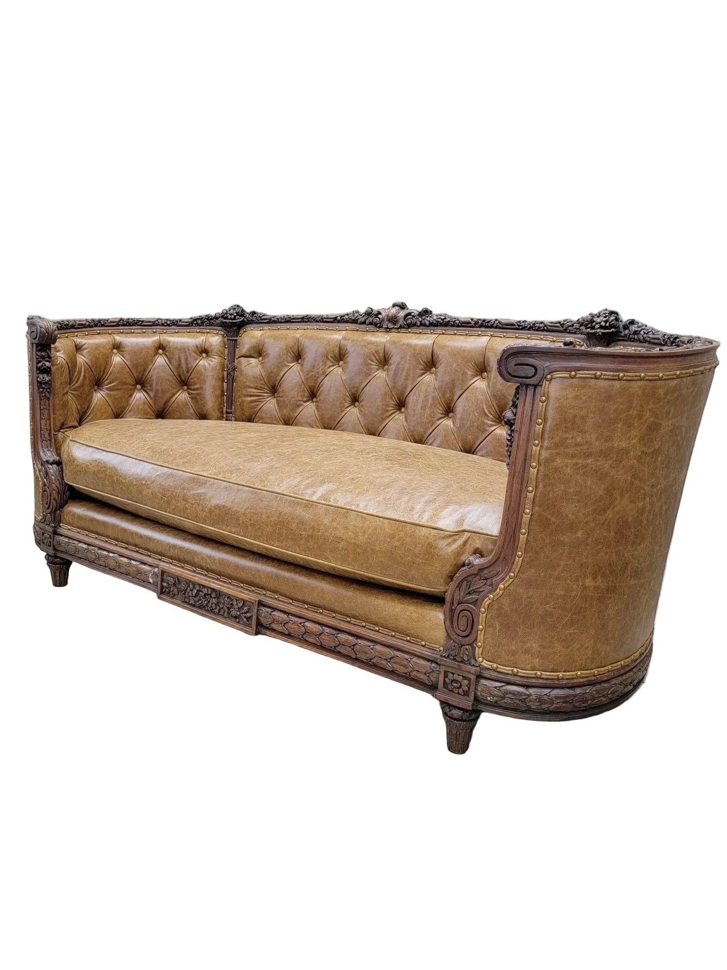 Antique French Regency Style Carved Sofa Newly Reupholstered - 3